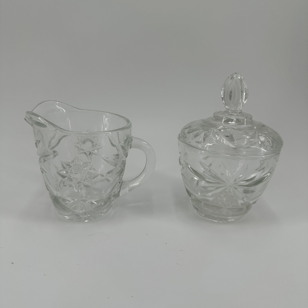 Vintage Clear Pressed Glass Cream and Sugar Set Starburst Pattern 2 Piece